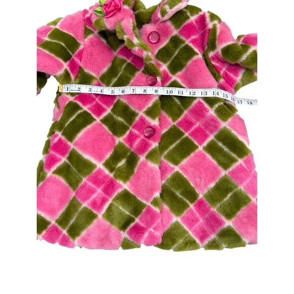 Corky & Company Girls Coat Pink Green Button-Up Jacket Argyle Faux Fur Size 4 - Picture 6 of 7